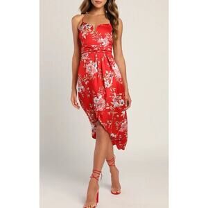 Lulus My Favorite Day Red Floral Print Tulip Skirt Midi Dress Size Medium